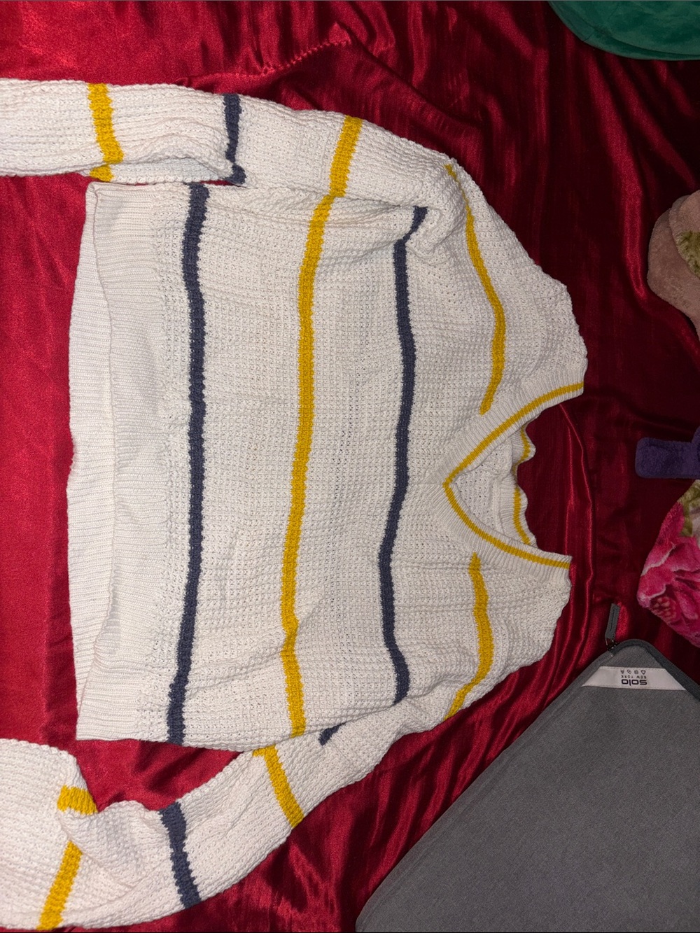 White Striped V-Neck Sweater with Yellow & Navy Accents